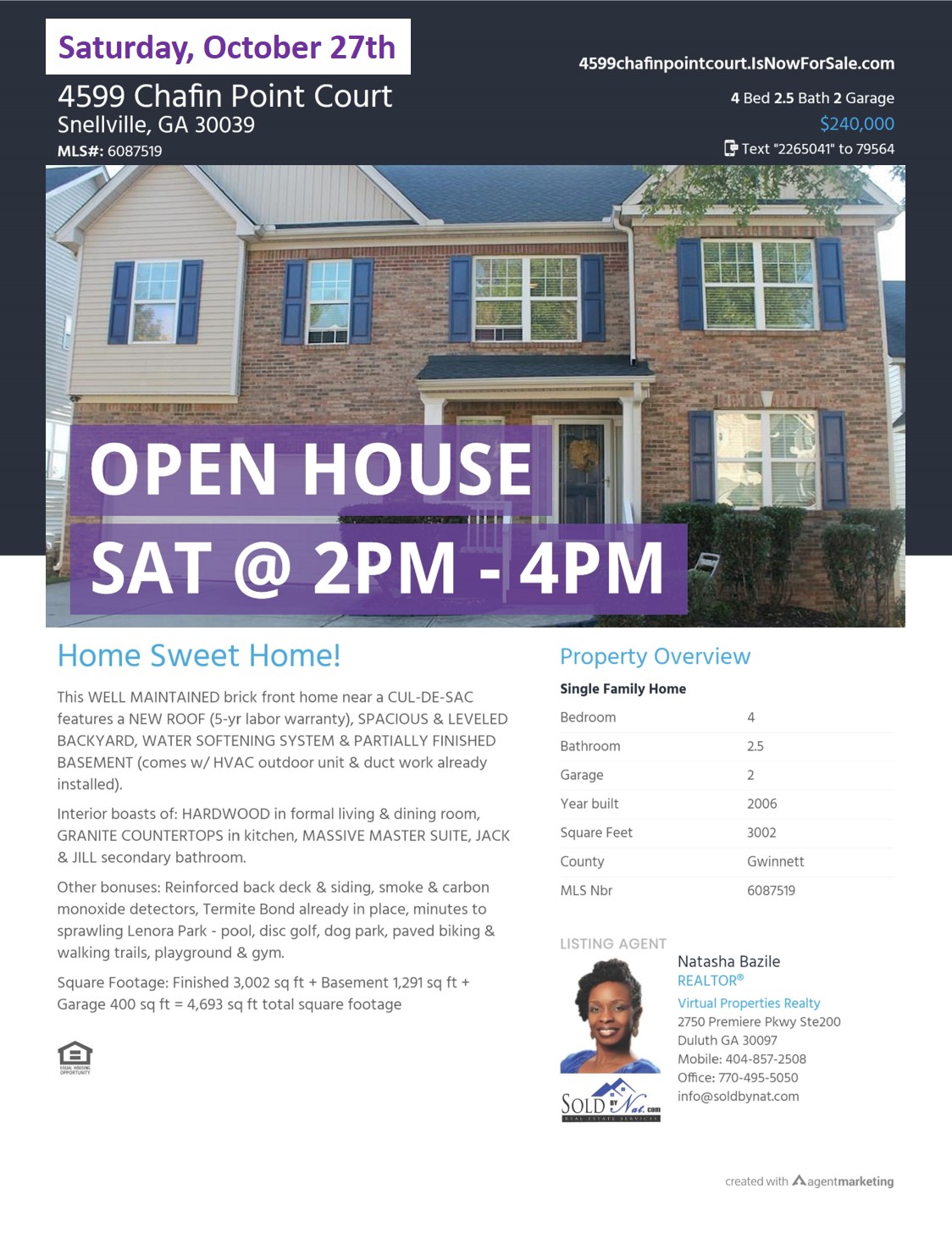OPEN HOUSE – 4599 Chafin Point Ct. Snellville, GA – 10/27/18 2-4 pm